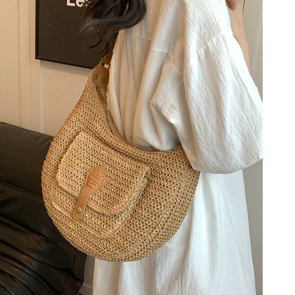 Boho Straw Lightweight High Capacity Pocket Shoulder Crossbody Bag - Picture 5 of 8
